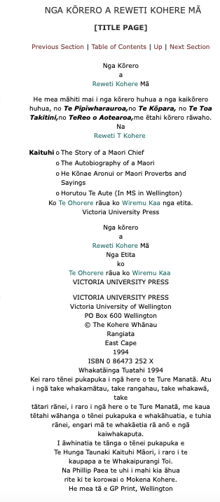 Book cover: Ngā Kōrero a Reweti Kohere mā